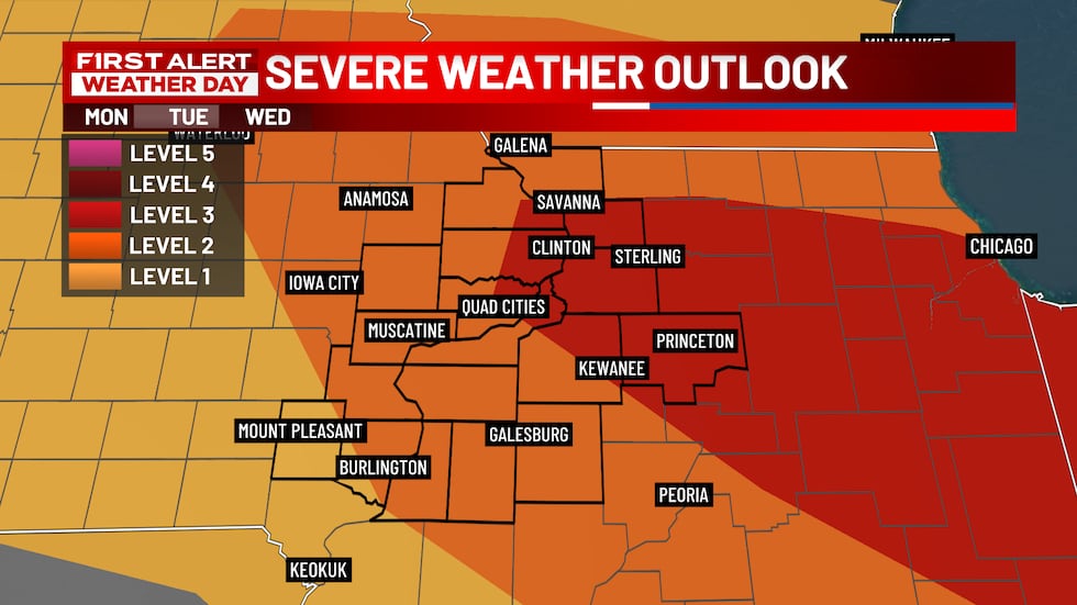Damaging Winds, Tornadoes Possible north of the Quad Cities Tuesday