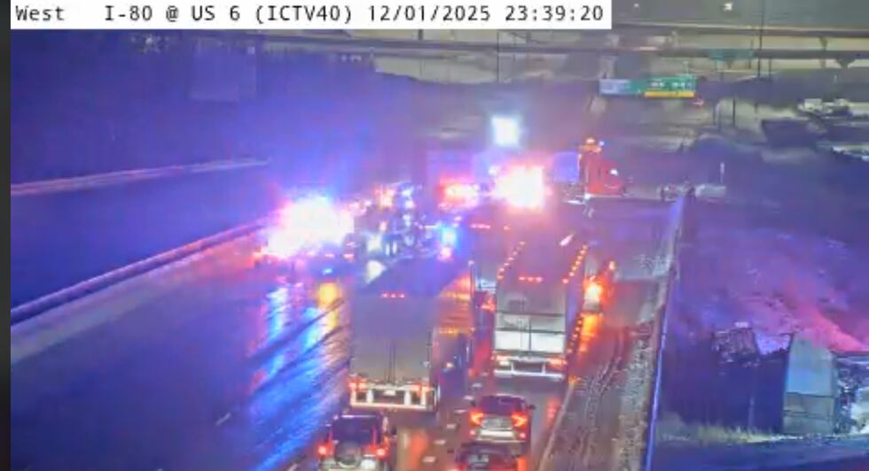 I-80 West is blocked due to a crash Monday night, according to Iowa 511.