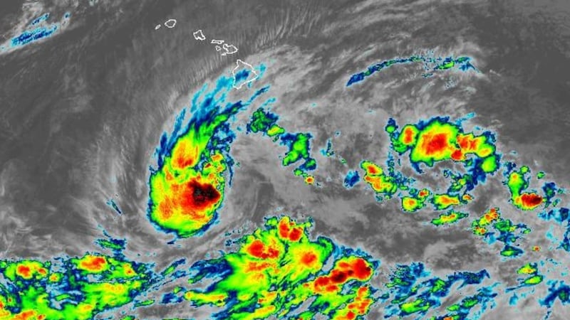 Satellite image of Tropical Storm Nolo to the south of Hawaii Island.