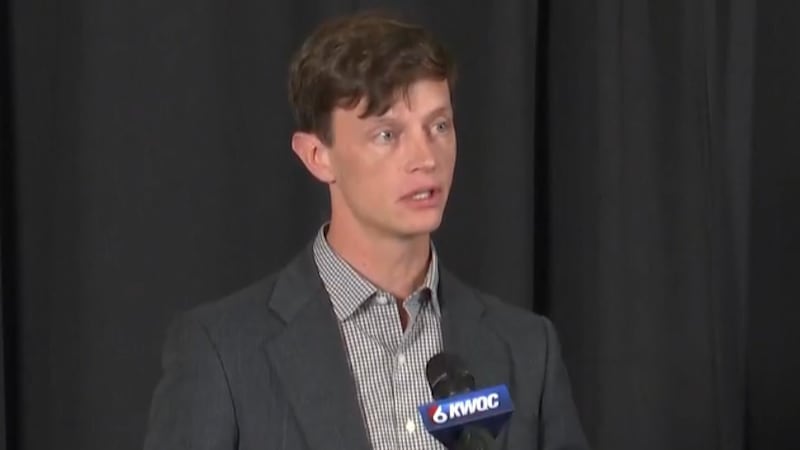 Rob Sand is shown during KWQC's gubernatorial debate with Zach Lahn.